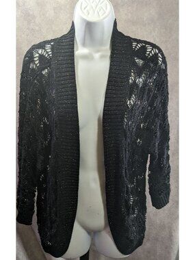 Beverly Drive Black Sparkly Open Knit Cardigan Sweater 1X 3/4 Sleeve Lightweight